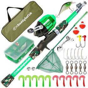 B0f79pcl8c Daddygofish Kids Fishing Pole Rod And Reel Combo Tackle Box Starter Set - 5ft Gree