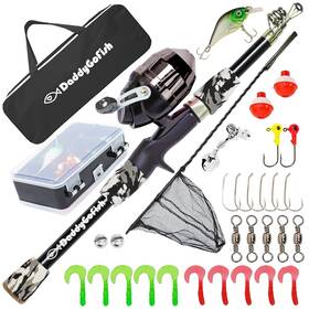 B0f79rqvz3 Daddygofish Kids Fishing Pole Rod Reel Combo Tackle Box Starter Set Small Gear