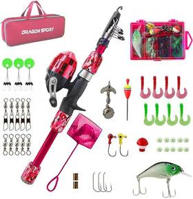 Dragon Sport 738067561928 Kids Fishing Pole Spincast Youth Tackle Box - With Net Travel Ba
