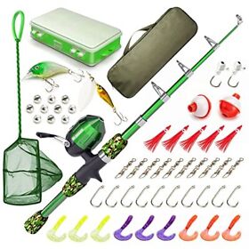 Kids Fishing Pole And Tackle Box With Net Travel Bag Reel Beginners