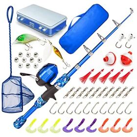 Kids Fishing Pole Rod Reel Starter Kit Tackle Box Minnow Net Youth Blue Lanaak
