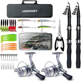 Loeibmiry 629722703435 Fishing Rod Reel Combo - 2pcs 6.89ft Collapsible Rods Spinning Reels Lures Set