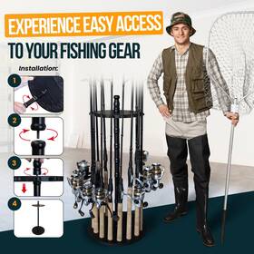 38-4083 No 16-rod Round Fishing Rod Rack Freshwater Storage Holder With Clips Black