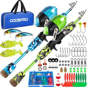 B0bzskc69w Oddspro Kids Fishing Pole Starter Kit With Tackle Box Reel Practice Plug Travel
