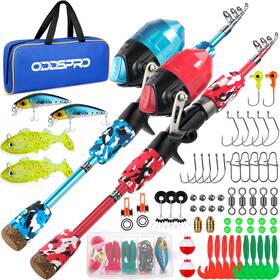 Oddspro Hu-xi-52 Kids Fishing Pole Starter Kit 2 Pack Blue Red 1.5m Tackle Box Reel