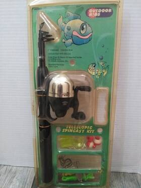 020514 Outdoor Kids Vtg Telescopic Spincast Kit Rod/ Reel With Tackle 5ft N.o.s