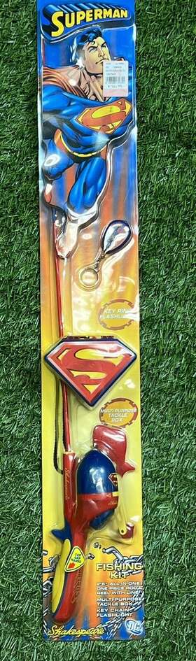 K-0020-6-02 Shakespeare Superman Fishing Rod And Reel With Tackle Box Keychain Brand New