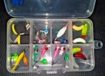 #1A 20 Ice Fishing Jigs Assorted Free Box & Bobbers Some Glow!!. Fixed Price $7.20.