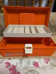 Vintage Huck Finn Orange Fishing Tackle Box First Aid Kit Lures Hooks Bait. Fixed Price $16.99.