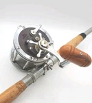 Vtg Penn Senator 114H 6/0 Trolling Fishing Reel With Half Wood Rod. Fixed Price $129.99.
