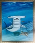 Hammerhead Shark And Sea Turtle Underwater Oil Painting Canvas 24 X30 Framed. Fixed Price $550.00.