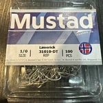Mustad 31010-DT Ref Limerick 1/0 Hook QTY.100. Fixed Price $10.99.