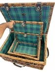 Three Vintage Wicker Rattan Nesting Picnic Baskets W/ Green Plaid Lining. Fixed Price $75.00.