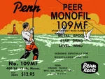 Vintage Penn Monofil #109MF Fishing Reel Box Label Recreated Satin Canvas. Fixed Price $20.00.