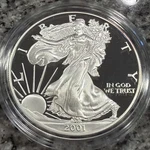 2001-W American Eagle Proof Silver Coin +box +coa Light Rainbow Top Rim 011827. Fixed Price $99.00.